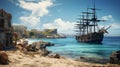 Pirate Ship Sailing Near Beach. Generative AI. Royalty Free Stock Photo