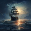 pirate ship sailing in the ocean at sunset Royalty Free Stock Photo