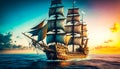 Pirate ship sailing in the ocean at sunset. Generative AI Royalty Free Stock Photo