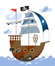 Pirate ship sailing in sea or ocean. Piratic ship with black flag with emblem, sails with patches, steering wheel Royalty Free Stock Photo