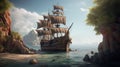 Pirate ship sailing on sunset cruise with fairy tale. Generative AI Royalty Free Stock Photo