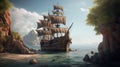 Pirate ship sailing on sunset cruise with fairy tale. Generative AI