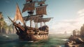 Pirate ship sailing on sunset cruise with fairy tale. Generative AI