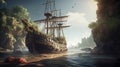 Pirate ship sailing on sunset cruise with fairy tale. Generative AI