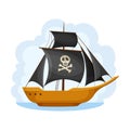 Pirate Ship with Sails and Crossed Bones Navigating Upon Water Vector Illustration
