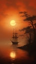 The Pirate Ship Sails In Under the Pale Dead Moon Royalty Free Stock Photo