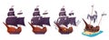 Pirate ship after sea battle, stages of damage history set for wooden corsair caravel