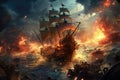 Pirate ship in the sea with burning sails. 3d illustration, An epic battle between pirates on the high seas, AI Generated