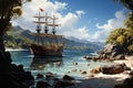 pirate ship in sea ocean in bay off an island off coast of beach. A medieval freebooter ship on a treasure hunt journey Royalty Free Stock Photo