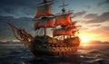 Pirate ship in the sea at sunset. 3D illustration. Royalty Free Stock Photo