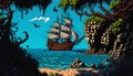 Pirate ship in the sea. Vector illustration in vintage style.