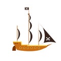 Pirate ship side view vector sea illustration boat ocean. Isolated old adventure flat antique vessel black skull flag icon Royalty Free Stock Photo