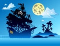 Pirate ship silhouette with island Royalty Free Stock Photo