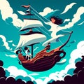 Pirate ship in the sky with clouds. Vector cartoon illustration. AI generated Royalty Free Stock Photo