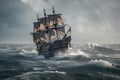 pirate ship on stormy ocean, with waves crashing against the hull