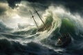 Pirate ship in stormy sea, 3d render illustration, dramatic scene of a boat sailing on big waves, AI Generated Royalty Free Stock Photo