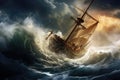 Pirate ship in stormy sea. 3d render illustration, dramatic scene of a boat sailing on big waves, AI Generated Royalty Free Stock Photo