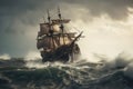 pirate ship on stormy sea, waves crashing against the hull