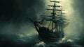 A pirate ship struggles to survive as it navigates through a treacherous storm, Mysterious phantom ship floating through foggy