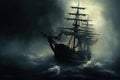 A pirate ship struggles to survive as it navigates through a treacherous storm, Mysterious phantom ship floating through foggy