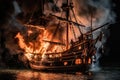 pirate ship surrounded by flames, roaring fire in the middle of battle