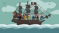 Pirate ship team trip on boat flat vector illustration. Character raider stay in wood yacht steering wheel. Robbery sea Royalty Free Stock Photo