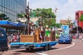 A pirate ship themed float at a Christmas parade