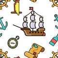 Pirate ship and treasure map adventurous kids seamless pattern Royalty Free Stock Photo
