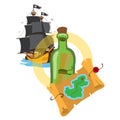 Pirate ship, treasure map, a bottle with a message. Graphics Pirate theme Royalty Free Stock Photo