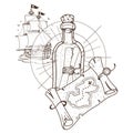 Pirate ship, treasure map, a bottle with a message. Graphics Pirate theme Royalty Free Stock Photo