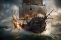 pirate ship under attack by enemy, with cannon fire and smoke in the air