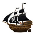 Pirate ship under black sail, wooden old sailboat with captain. Buccaneer filibuster corsair with black flag skull