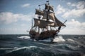 pirate ship under full sail, with the wind blowing and waves crashing