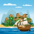 Pirate ship under sail in ocean, Island Treasure tropical, palms, mountains. Sea landscape, adventure, game. Vector Royalty Free Stock Photo