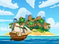 Pirate ship under sail in ocean, Island Treasure tropical, palms, mountains. Sea landscape, adventure, game. Vector Royalty Free Stock Photo