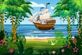 Pirate ship under sail in ocean. Tropical Island, tropical, palms, floral, plants. Sea landscape coast, beach, sand Royalty Free Stock Photo