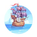 Pirate ship Vector illustration with image of a skeleton on sail Royalty Free Stock Photo
