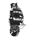 Pirate ship vector tattoo by hand drawing. Royalty Free Stock Photo