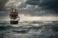 pirate ship, with view of rolling waves and stormy sky, in dramatic setting