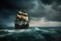 pirate ship, with view of rolling waves and stormy sky, in dramatic setting