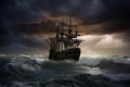 pirate ship, with view of rolling waves and stormy sky, in dramatic setting