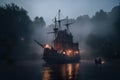 A pirate ship on the water in the fog. AI generative image. Royalty Free Stock Photo