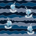 Pirate ship on wave seamless pattern. Kids abstract sea waves endless wallpaper. Boat in ocean background Royalty Free Stock Photo