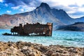 A pirate ship wreck off the coast of Gramvousa Island, with Balos in the background; Crete, Greece. Royalty Free Stock Photo