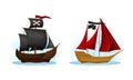 Pirate ships with black and red sails and flags set. Vintage wooden vessels cartoon vector illustration Royalty Free Stock Photo