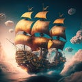 Pirate ships flying above the clouds, Mechanical flying ship, A mysterious boat in, generative ai