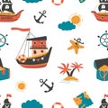 Pirate ships, ship wheel, palm island isolated elements. Childish sea pirates seamless pattern. Ocean adventures, travel