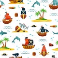 Pirate ships and treasures seamless pattern. Mountains of gold from wrecked ships and green palms island with chest blue