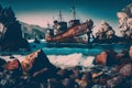 Pirate shipwreck on the seashore. 3d rendering