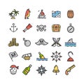 Pirate Signs Color Thin Line Icon Set. Vector Royalty Free Stock Photo